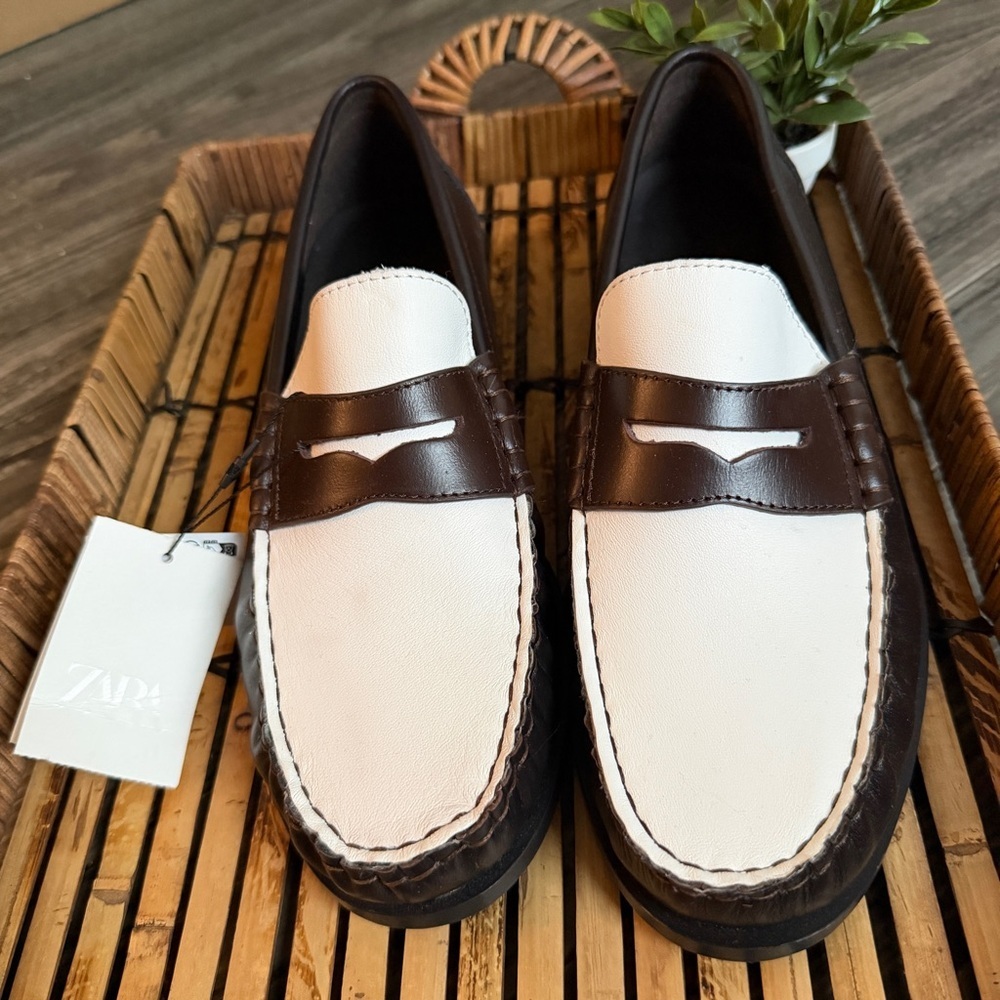 Zara Leather Two Tone Penny Loafers Brown White Preppy Old Money NWT 41 EU 8 US - Picture 6 of 12